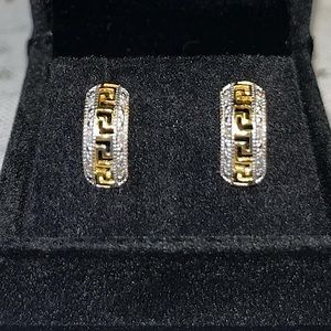 Real Diamond Stud Earrings, Greek, .18 CTW. Two Toned, 925 Sterling Silver *NWT*